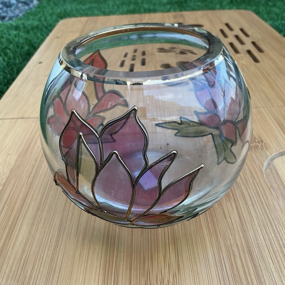 Floral Glass Rose Bowl Vase Pink Purple Lotus Design Silver Tone Rim 8”